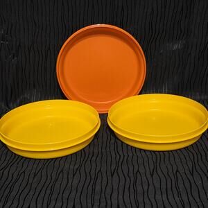 Vintage Tupperware Plates Set Orange Yellow 3 Pc 10” Serving Trays
